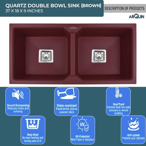 Image of ARQUIN Double Bowl Quartz Kitchen Sink 37x18x9 Inch Brown | Durable & Scratch-Resistant Sink | Undermount,Topmount | Including Coupling,Sink Connector,Waste Pipe & Fruit Washing Basket