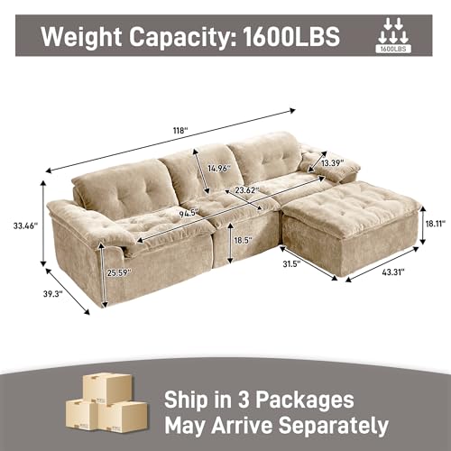 Image of 118 inch Oversized Modular Sectional Sofa, Large Modern Cloud Sectional Couch with Ottoman, Chenille 4 Seat Sofa Set, L-Shape Couch for Living Room, Apartments, No Assembly Required, Coffee