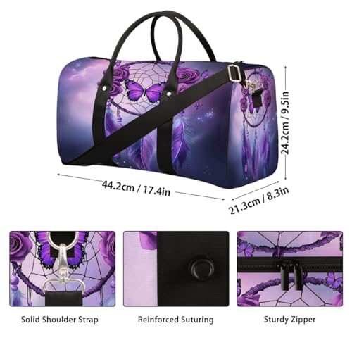 Purple Butterfly Rose Dream Catcher Travel Duffel Bag Sports Tote Gym Bag Waterproof Tear-Resistant Carry On Overnight Bag Foldable Weekender Bag for Gym Travel Getaway Beach Sports2