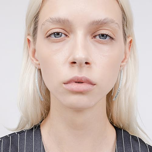 Hoops & Loops 925 Sterling Silver High Polished Hammered Long Flat Bar Threader Drop Earrings for Women, Silver, Yellow & Rose Gold4