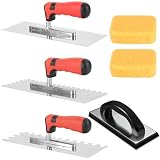 6 Pcs Tile Trowel Set, Including Stainless Steel Square Notch Trowels, Rubber Grout Float, and Grout Sponges, Multi-Size for Tile Installation, Grouting, and Cleaning