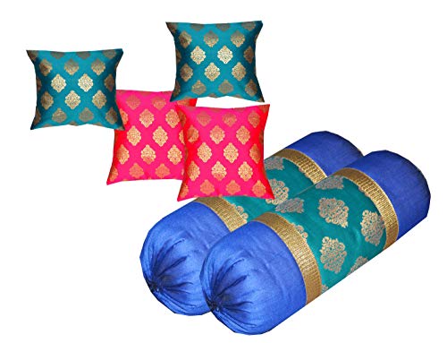 Pink parrot- Dupian Silk- Cushion Cover (18x18 inch Set of 5) and Bolster (12x26 inch Set of 2 pc)-Combo Set