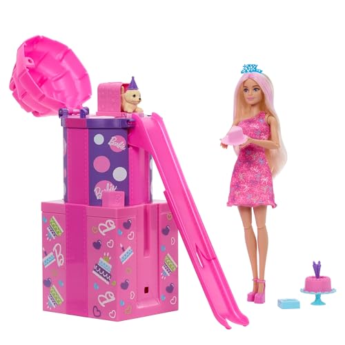 Barbie Rise & Surprise Cumpleaños de Mascotas Muñeca y Accesorios con 12 sorpresas, como Cambio de Color y tobogán (los Estilos Pueden Variar), JKF66