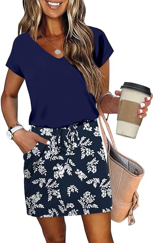Image of OFEEFAN Summer Dresses for Women 2026 V Neck T Shirt Casual Mini Dresses Tie Waist Sundresses with Pockets