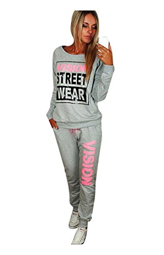 Baymate Mujer Cartas Impresión Suelto Sueter de Pulover Sudadera Pantalones Chándal Conjuntos Gris M Cover