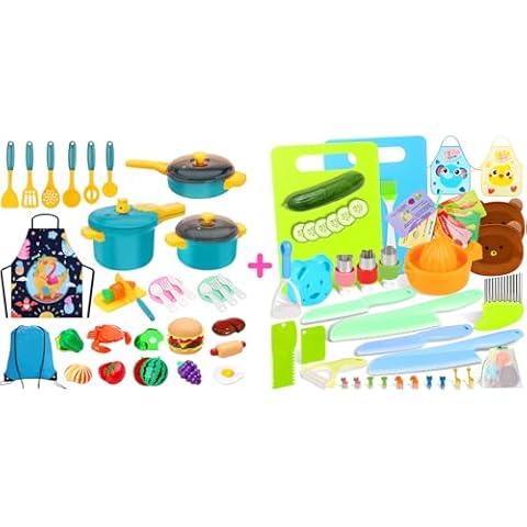 Meaicezli Kids Pots and Pans Playset + Kids Knife Set for Real Cooking, Kids Toddler Cooking Set Kitchen Tools Play Toy Kitchen Accessories Cover