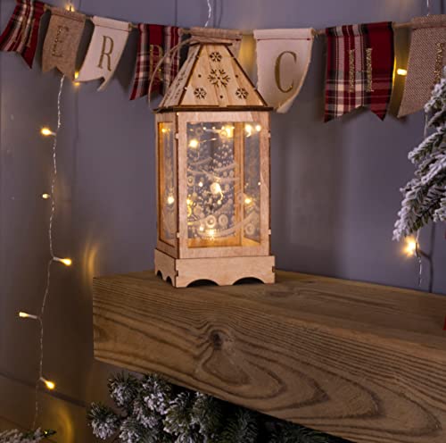 Image of Battery Powered Wooden Christmas Lantern with LED String Lights - Create a festive, cosy glow
