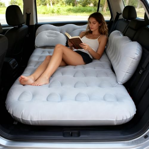 Araç Arka Koltuk Şişme Yatak 130x70x10 cm Elektrikli Pompalı, Araç İçi Kamp ve Seyahat Hava Yatağı, Pvc Flok Kumaş, 2 Boyun Yastığı ve Taşıma Çantalı Gri
