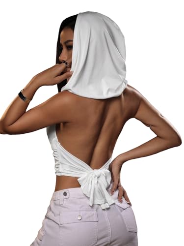Floerns Rave Outfits for Women Sexy Backless Hoodie Draped Halter Tank Top Going Out Concert Festival Party Streetwear White Small