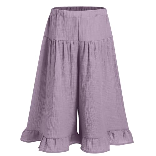 IWEMEK Ruffled Pants for Baby Girls Wide Leg Palazzo Pants Toddler Girl Cotton Linen Flowy Casual Loose Fit Trousers Bottoms Elastic Waist Summer Lounge Beach Leggings Light Purple 12-18 Months