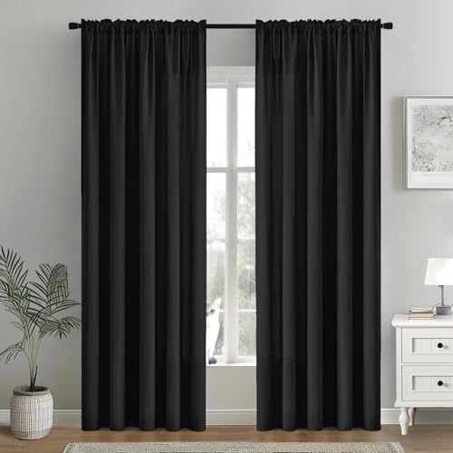 Image of MIULEE Black Semi Sheer Privacy Curtains Drapes 2 Panels 52W x 72L | Semi sheer privacy, non-see-through, light filtering, fits kitchen, bathroom, bedroom