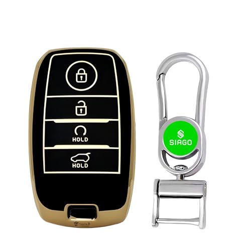 Image of SIAGO SIA355 TPU Key Cover and Metal Keychain Compatible for Kia Seltos, Sonet, Carens, Carnival 4 Button Smart Key (Hold Button Down) (Black Pack of 1)