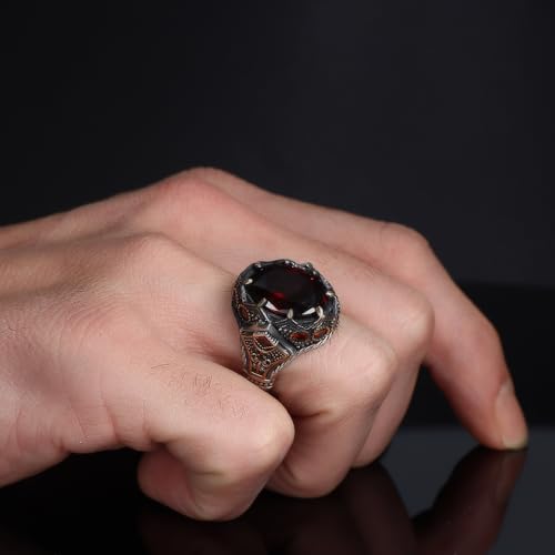 BayVog Men’s Sterling Silver Ring with Round Garnet Gemstone – Gothic Vintage-Style Handmade Ring – Deep Red Stone Statement Jewelry for Men2
