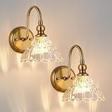POLITAMP Vintage Brass Wall Sconce, Gold Bathroom Vanity Light Fixtures, Hardwired Wall Sconces Set of Two, Indoor Glass Wall Lights for Bathroom, Hallway (2 Pack,E12 Base)