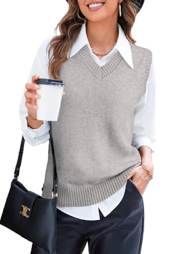 EVALESS Sweater Vest Women V Neck Knit Sleeveless Tunic Tank Tops Business Casual Loose Fit Pullover Sweater Tops Fall Winter Trendy 2025 Outfits Vest Tops for Women Gray Medium