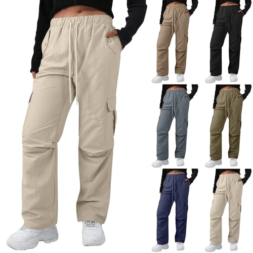 Baggy Cargo Pants Women Drawstring High Waisted Waterproof Hiking Pants Summer Wide Leg Tactical Pants with Pockets