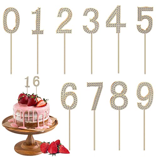 ELANE 10 PCS 0-9 Number Cake Topper,Crystal Rhinestones Cake Toppers for Wedding Anniversary Baby Shower Valentine's Day Reunion Theme Party. (0-9, Gold)