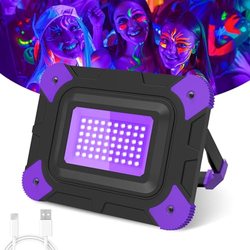 T-SUN Rechargeable Black Lights Battery Powered Blacklights for Glow Party Fishing Cordless Black Light Ultraviolet Flood Light Outdoor Waterproof Body Painting Fluorescent Poster 1Pack