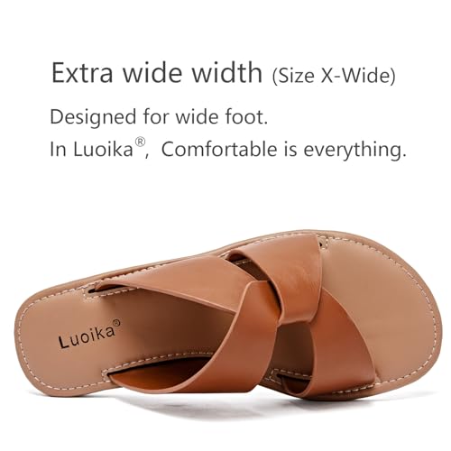 Image of Luoika Women's Wide Width Flat Slides Sandals, Strapy Slide Sandal Slip on Dressy Summer Shoes for Women.