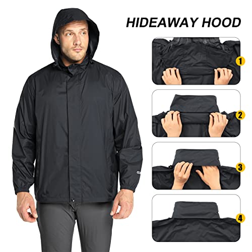 Foto von 33,000ft Regenjacke Herren Leicht Wasserdicht Faltbare Regenmantel mit Kapuze Fahrrad Rain Windbreaker Windjacke Camping Outdoor schwarz XXL