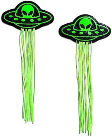PASTEASE Tassel Pasties – 5-Pair Set, UFO Alien Glow-in-the-Dark Neon Green Nipple Covers – Waterproof, Latex-Free, Medical-Grade, Made in USA – Perfect for Raves, Festivals, and Halloween Costumes image 5
