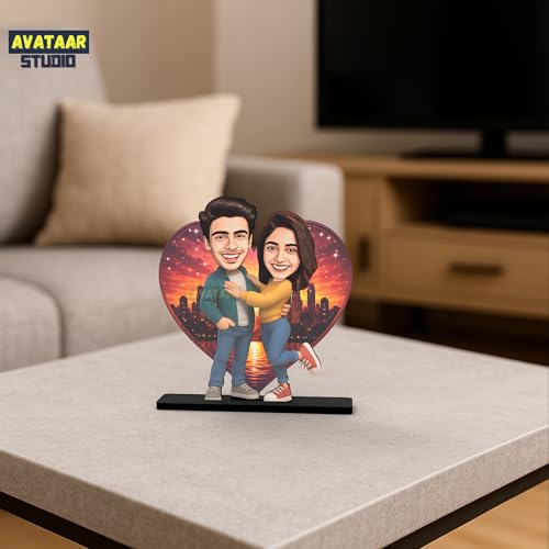 Image of Wood Rectangular Personalized Caricature Gift for Couple, 7 Inches, Tabletop Multicolor, Art Deco Style (LOVING COUPLE 2)