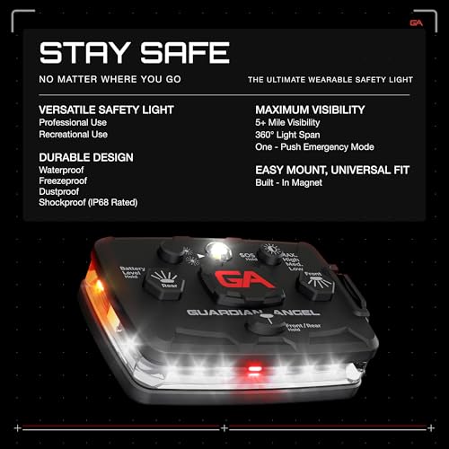 Image of Guardian Angel Elite Series Safety Light, Beacon Device (White Front & Orange Rear) Rechargeable, Magnetic, Hands-Free Wearable, Mountable LED Light for Construction, Roadside, Towing, Industrial TEE