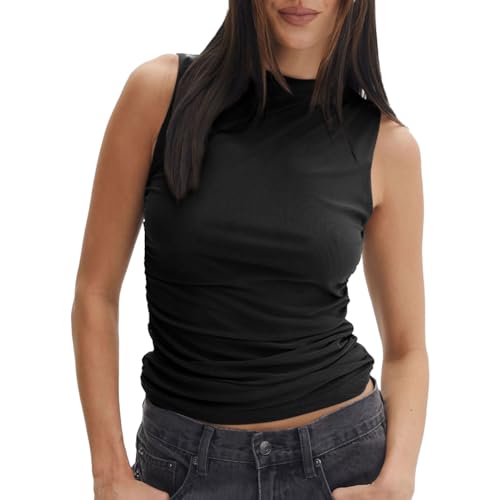 EMOTTOS Top de Encaje de Doble Capa para Mujer, Top de Malla de Verano con Cuello Redondo, Cuello Redondo Acanalado sin Mangas, Camisa de Fiesta sin Mangas con Dobladillo Slim Fit Tops(Negro-M)