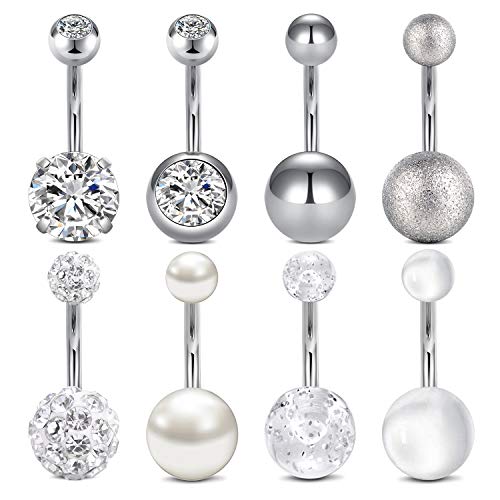 LAURITAMI 8pcs Piercing Ombligo Set Acero Quirúrgico Barbells Retainer Pearl Cristal CZ Cuerpo Percing Joyas 10mm 14G Cover