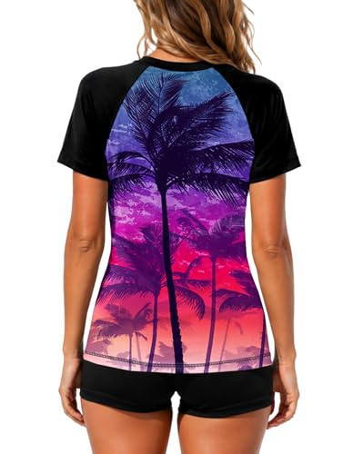 Image of AOBUTE Women Short Sleeve Rash Guard UPF 50+ Tropical Sun Protection Floral Swim Shirts