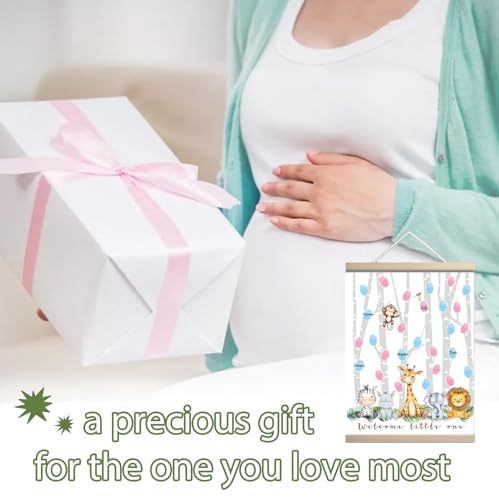Image of QZCYU Gender Reveal Decorations Fingerprint Tree with Woodland Safari Animals, Gender Reveal Games Canvas Hanging Paintings Decor, Baby Shower Ideas