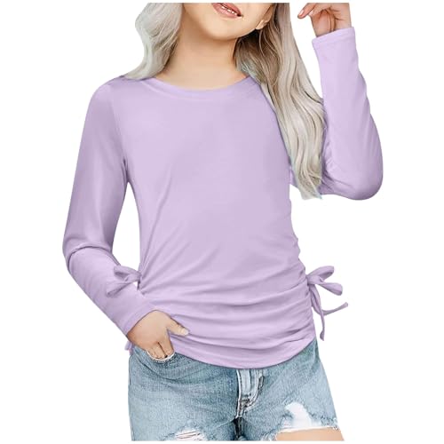 Girls Long Sleeve Tops Bow Ruched Crew Neck Solid Soft Tunic Shirts Blouse Kids Casual Preppy Tees Tops Cute Clothes