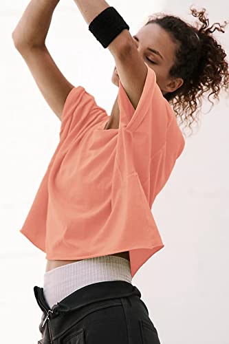 Image of HUGOOME Womens Oversized Workout Crop Top Casual Short Sleeve Boxy Roll Hem