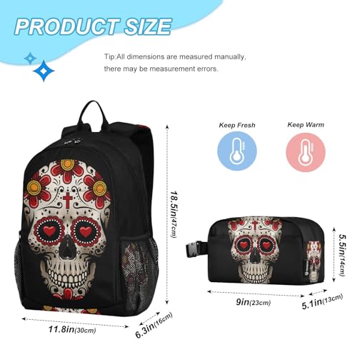 ALAZA Sugar Skull Day Of The Dead Backpack and Lunch Bag Set Back Pack Bookbag Cooler Case Kits2