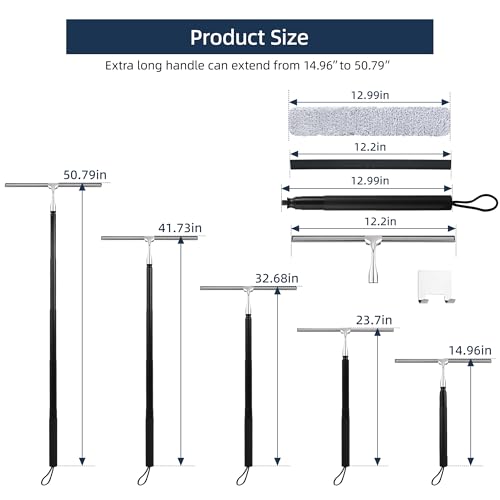 Image of 12-51'' Telescopic Window Squeegee for High Windows, 2-in-1 Window Cleaning Kit with Extra Silicone Blade & Hook, Professional Squeegee for Shower Glass Doors (Window Squeegee for Home)