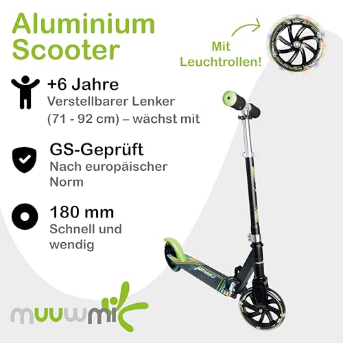 Muuwmi Aluminium Scooter Neon - 180 mm Räder - ABEC 5 Lager - Höhenverstellbarer Lenker - Geeignet für Kinder - GS-Zertifiziert - Bis zu 100 kg - mit Leuchtrollen - Tretroller in grün-schwarz