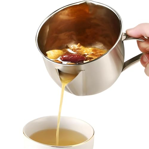 Fat Separator with Dual Spout Design, Fettabscheider mit Doppeltem Ausgussdesign, Fetttrennkanne Edelstahl, Mehrzweck Fett-Trennkanne mit Griff, Küche Fettabscheider für Brühe, Eintopf, Hot Pot (L)
