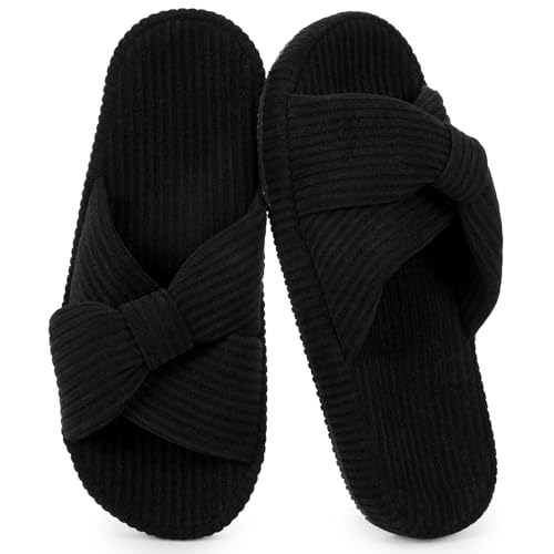Women’s Corduroy Slippers, Open Toe Crossband House Shoes, Cozy Cushioned Foam Indoor Outdoor Non-Slip Bedroom Slippers, Gift for Women