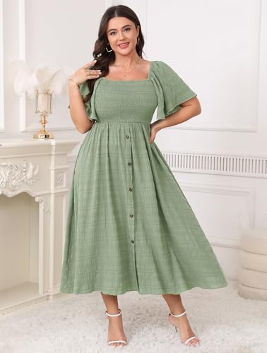 Image of Plus Size Casual Maxi Boho Dress for Curvy Women Short Sleeve Square Neck Smocked Summer Beach Dresses Button Down