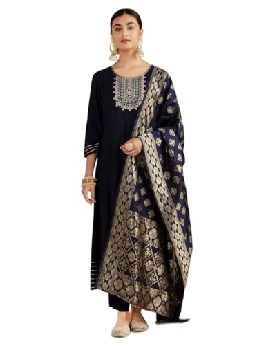 Image of Kaari Women's Embroidered Kurta Set with Dupatta - Festive Kurta Set for Women Polyester Blend