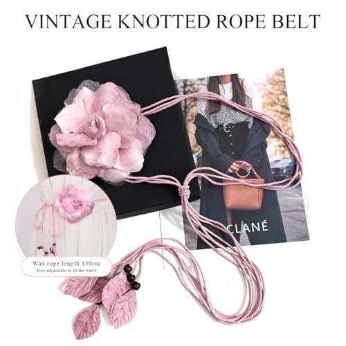 Women's Braided Rope Belt Big Decor Flower Thin Waist Belt Leaf Pendant Bohemian Knotted Rope Chain Belt For Dress4