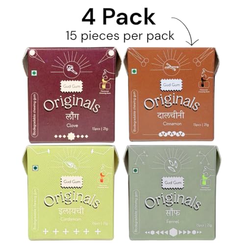 Image of Gud Gum- Natural, Plastic Free Chewing Gum- Clove, Cardamom, Fennel, Cinnamon- 21g x 4 - Mini Pack of 4- No added artificial colours, flavours & sweeteners (4 Packs, 60 chewing gums) (Pack of 4, Multi-Flavour Mini Pack)