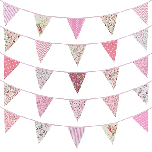 Image of Zwiebeco 39Ft Pink Floral Fabric Bunting Banner Triangle Flag Party Decorations Hanging Cotton Rustic Vintage Flowers Garland Pennants for Wedding Birthday Tea Nursery Home Outdoor Garden Accessories