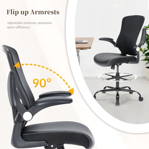 Image of Drafting Chair, Tall Office Chair with PU Leather Seat, Ergonomic Standing Desk Chair with Lumbar Support Counter Height Office Chair with Adjustable Footrest Ring Flip-up Armrests