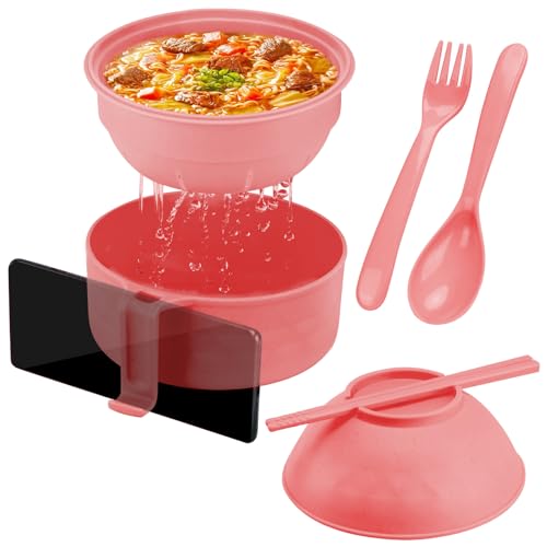 Image of ZENGABIA Ramen Noodle Bowls Microwavable, 33oz Wheat Fiber Instant Noodle Bowl Set with Chopsticks Spoon Fork, Microwave Ramen Cooker with Strainer Lid for College Dorm Apartment Office, Pink