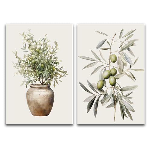 ZHBJSM Olive Branch Wall Art Set of 2 Boho Farmhouse Scandinavian Minimalist Watercolor Olive Branch Clay Vase Earthy Neutral Tone For Home Kitchen Dining Room Living Room 16x24 Inch Unframed