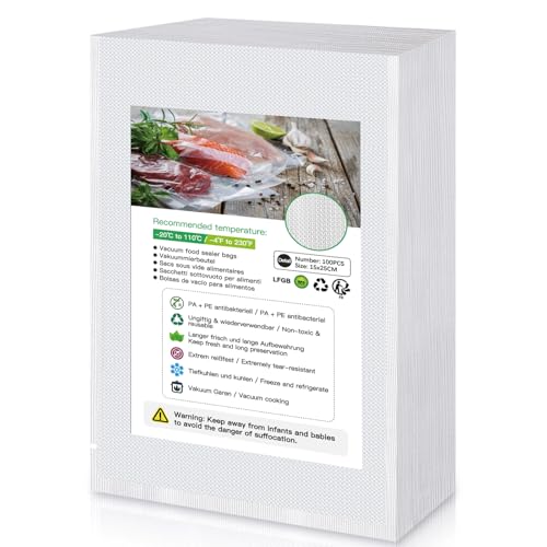 BoxLegend Bolsas para Envasar al Vacio, Bolsas de Vacío para Alimentos 15 x 25cm/100 Bolsas Para Conservación al Vacío de Alimentos, Bolsas de Vacío Gofradas Sin BPA Bolsa de Compresión Sellada