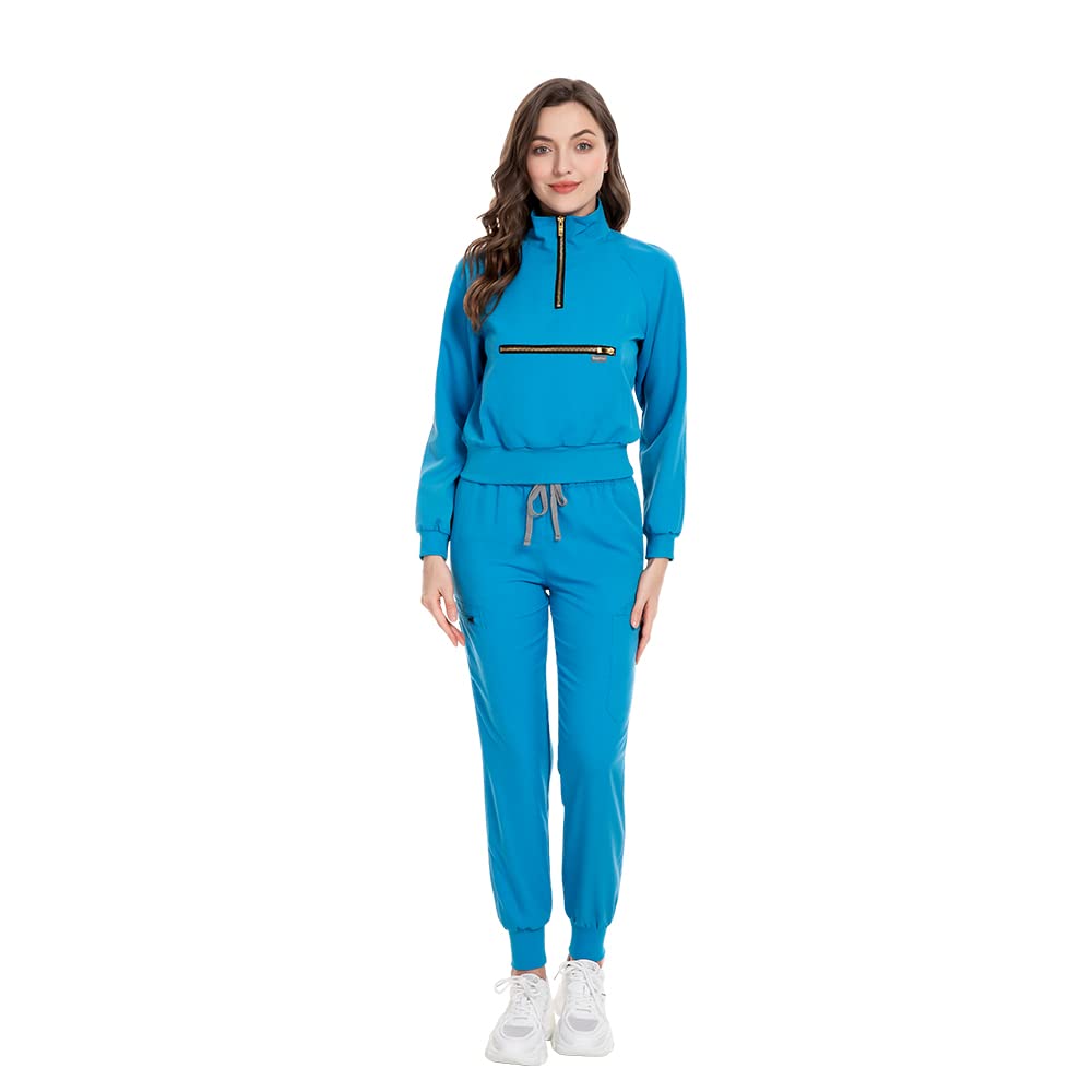 niaahinn Scrub Set with Long Sleeve for Women Scrub Top & Jogger Scrub Pants Medical Working Uniforms with Pockets (Blue, X-Large)
