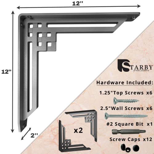Starby Heavy Duty Shelf Brackets (2 Pack) - Designer Metal Corbels For Mantels, Countertops And Decorative Shelving - 500# Capacity - Wrought Iron Black - 2 Pack (12" X 12" X 2") #TOP2
