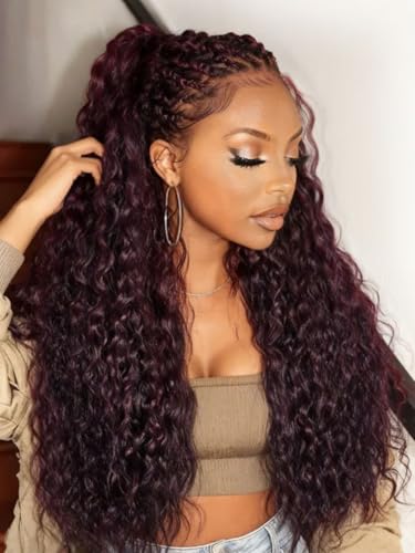 UNICE Water Wave 13x4 Lace Front Wigs Human Hair Black Cherry Glueless Drawstring Wig Human Hair Pre Plucked Pre Cut Bleached Knots Natural Hairline 150% Density 18 inch